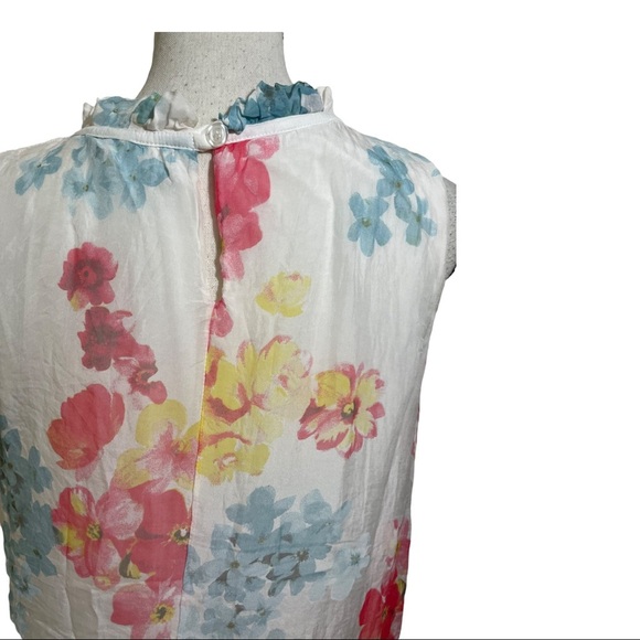 Elena Baldi silk floral blouse. Sleeveless ruffle detail around neckline… - Picture 6 of 10